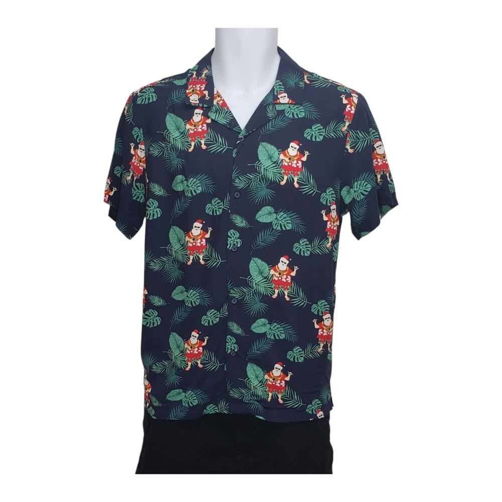 NWT Denim & Flower Mens Small Navy Cool Santa Hawaiian Shirt Viscose Holiday
